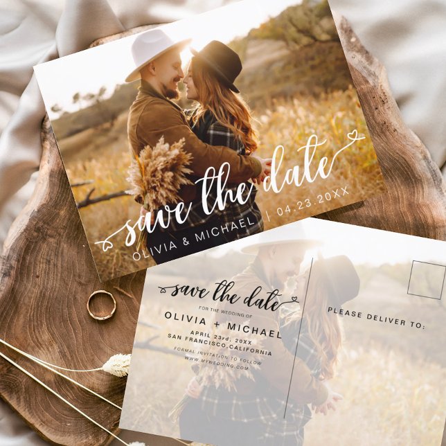 Save the Date White Handwritten Hearts Photo  Postcard (Creator Uploaded)