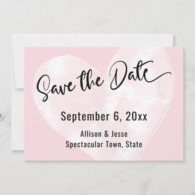 Save the Date White Watercolor Heart on Pink Card (Front)