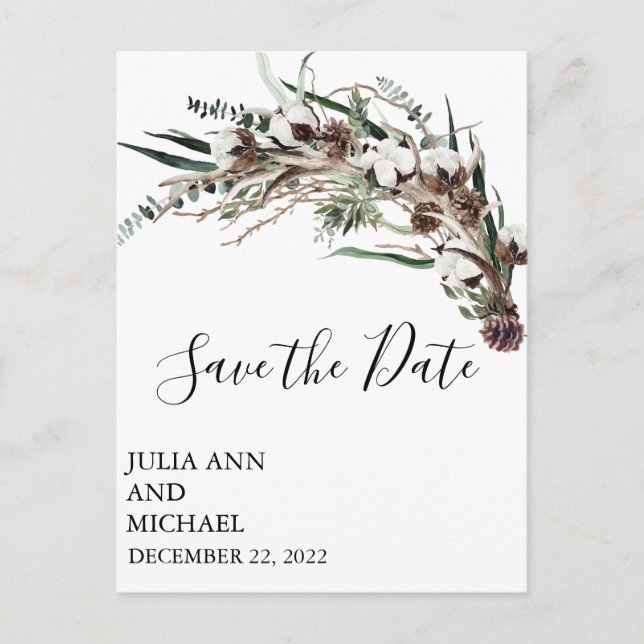 Save the Date Winter Foliage Christmas Cotton   Postcard (Front)