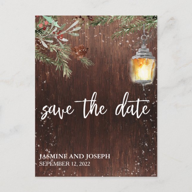 Save the Date Winter Rustic Wood Christmas  Announcement Postcard (Front)