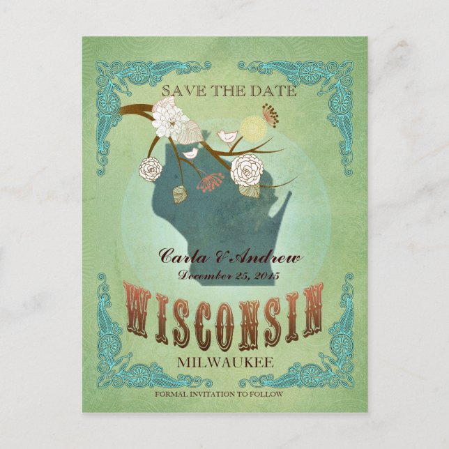 Save The Date - Wisconsin Map With Lovely Birds Announcement Postcard (Front)