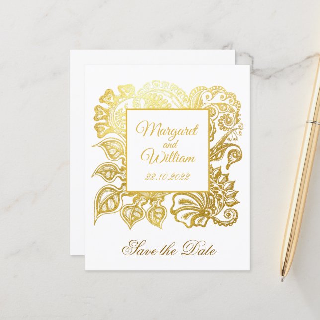 Save the date with gold glitter flowers (Front/Back In Situ)