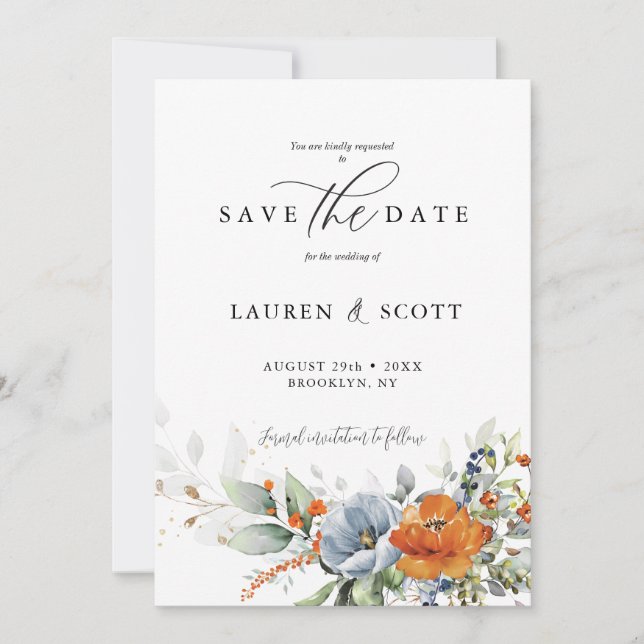 Save the Date with Orange and Blue Flowers (Front)