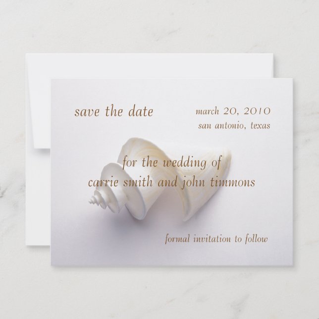 Save the Date with Sea Shell in the Sand (Front)