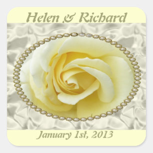 Save the date with Yellow Rose, Pearls & Satin Square Sticker
