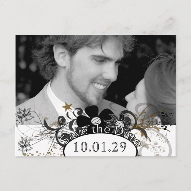 Save the Date with YOUR Photo White and Black Announcement Postcard (Front)