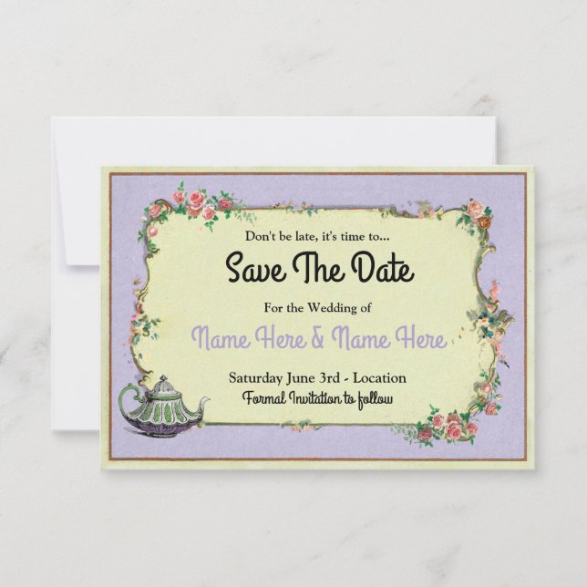 Save The Date Wonderland Purple Teapot Tea (Front)