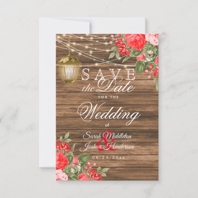 Save the Date Wood, Lanterns and Red Flower (Front)
