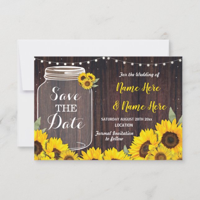 Save The Date Wood Rustic Jar Sunflowers Invite (Front)