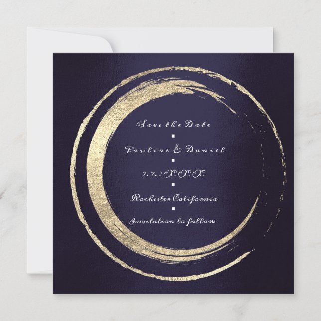 Save The Date Wreath Blue Navy Golden Circles (Front)