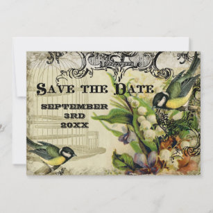 Save the Date, Yellow Song Bird Cage Swirl Floral Invitation