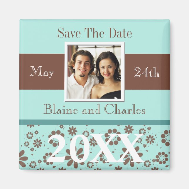 Save The Dates Blue Brown Personalised Magnet (Front)