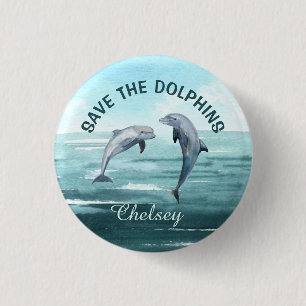SAVE THE DOLPHINS Watercolor Art Your Name Cause 3 Cm Round Badge