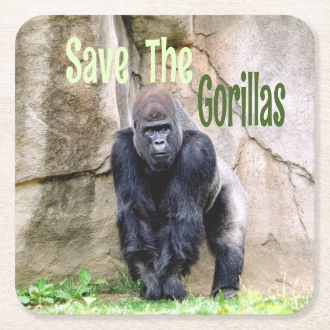 Save The Gorillas Square Paper Coaster (Front)