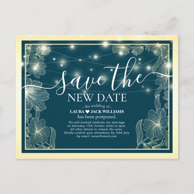 Save the New Date Wedding Postponement Gold Flower Announcement Postcard (Front)