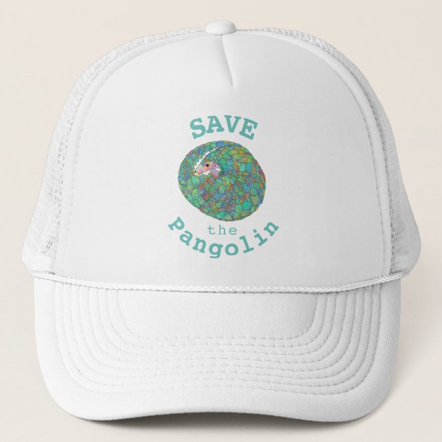 Save the Pangolin slogan teal Trucker Hat (Front)