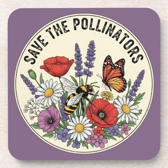 Save the Pollinator with bee, butterfly & flowers Coaster (Front)