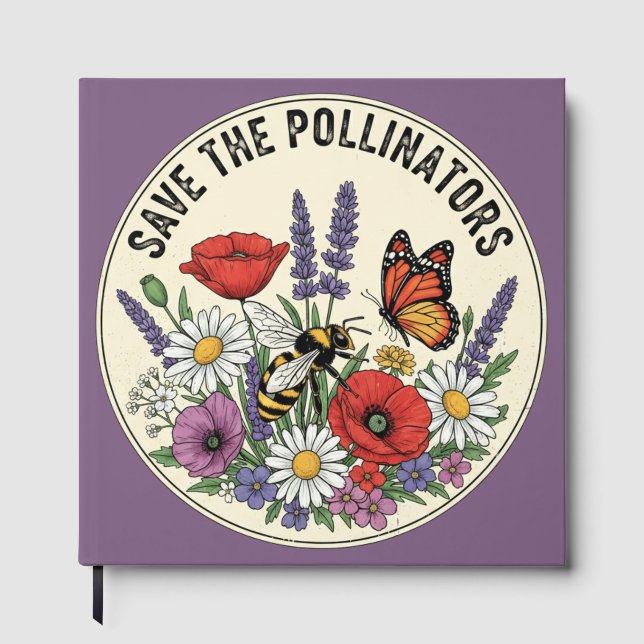 Save the Pollinator with bee, butterfly & flowers Guest Book (Front)