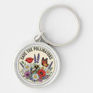 Save the Pollinator with bee, butterfly & flowers Key Ring