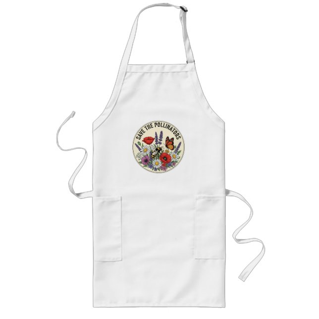 Save the Pollinator with bee, butterfly & flowers Long Apron (Front)