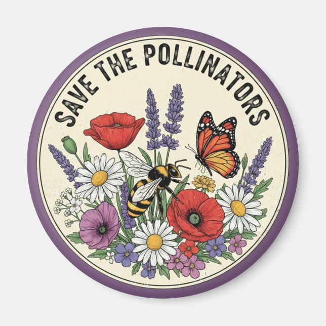 Save the Pollinator with bee, butterfly & flowers Magnet (Front)