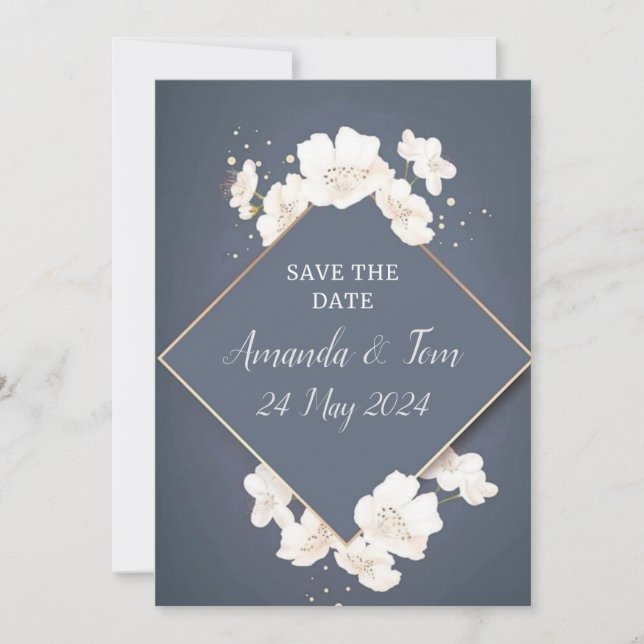 SAVE THE WEDDING DATE - blue with white blossom (Front)