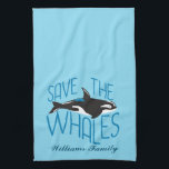 Save the Whales Custom Blue Tea Towel<br><div class="desc">Pretty orca whale gift with a beautiful black fish on an ocean blue hand towel. I love personalised marine animal presents.</div>