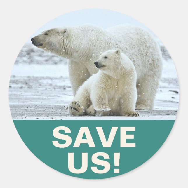 "Save Us!" Global Warming Slogan with Polar Bears Classic Round Sticker (Front)