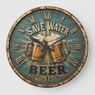 Save Water Drink Beer Rustic Home Bar Large Clock