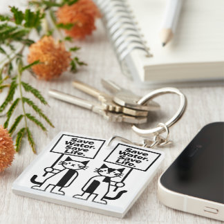 Save Water Save Life Cute Minimalist Cat Activist Key Ring