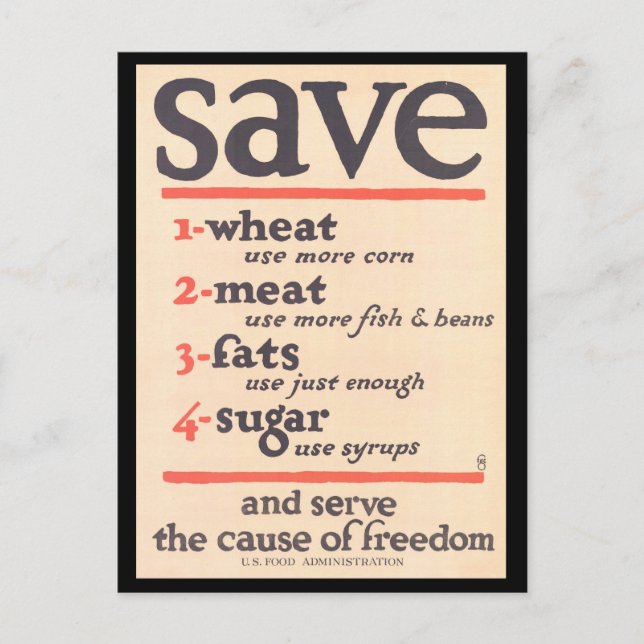 "Save Wheat, Meat, Fats, Sugar" Wartime WWI Poster Postcard (Front)