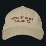 Saved by Grace Christain Embroidered Hat<br><div class="desc">This “Saved by Grace” embroidered hat is a timeless Christian expression of faith. Designed with a minimalist aesthetic and optional state and city(or town) personalisation,  it offers comfort and spiritual meaning in one piece. A thoughtful gift for Christmas,  Easter,  or everyday Christian wear.</div>