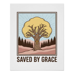 Saved by Grace Christian Tree Vintage Shirt Design Poster