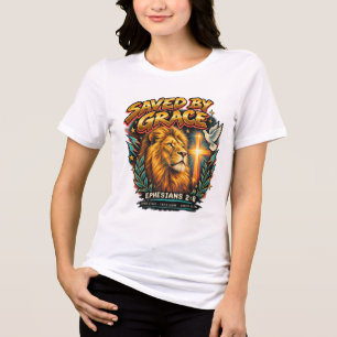 Saved by Grace Lion Christian Faith T-Shirt Tri-Blend Shirt