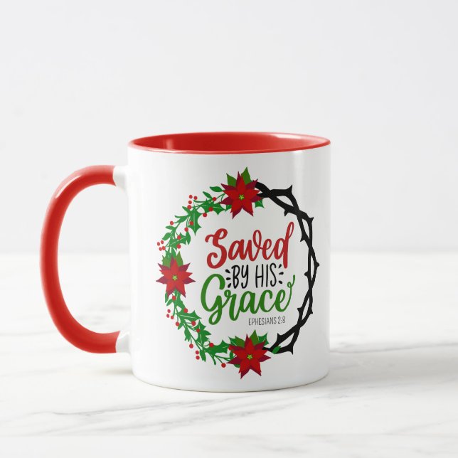 Saved by His Grace Christmas Wreath Mug (Left)