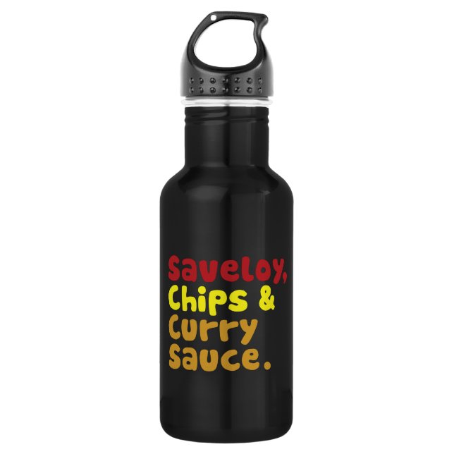 Saveloy, Chips & Curry Sauce. 532 Ml Water Bottle (Front)