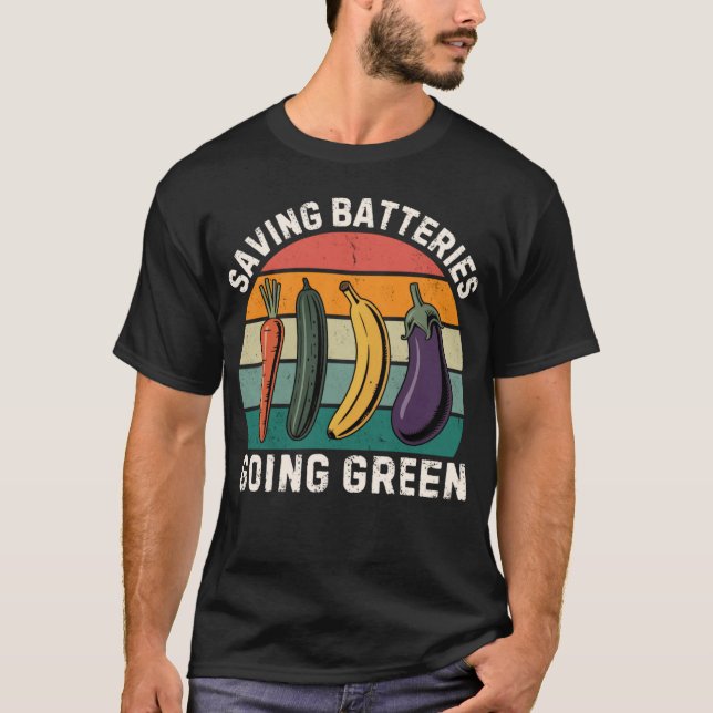 Saving Batteries Going Green – Funny Retro Dark Hu T-Shirt (Front)