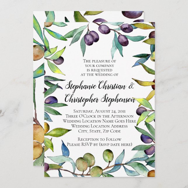 Savory Olives Tuscan Watercolor Wedding Invitation (Front/Back)