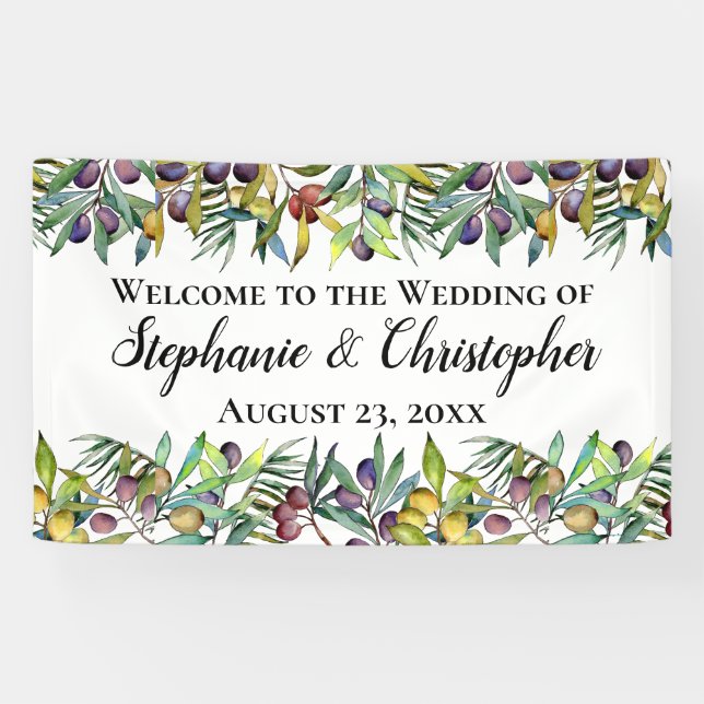 Savory Olives Tuscan Watercolor Wedding Welcome Banner (Horizontal)