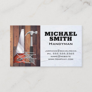 Saw Hammer and Nails Wooden Boards Business Card