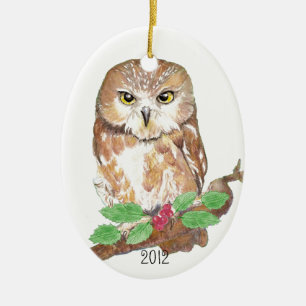 Saw Whet Owl Christmas Custom Dated Ceramic Tree Decoration