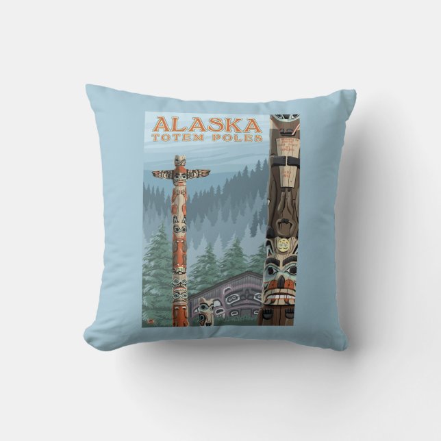 Saxman Totem Village Vintage Travel Poster Cushion (Front)