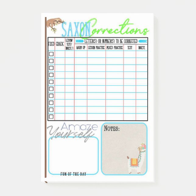 Saxon Math Lesson Correction Post-it Notes (Front)