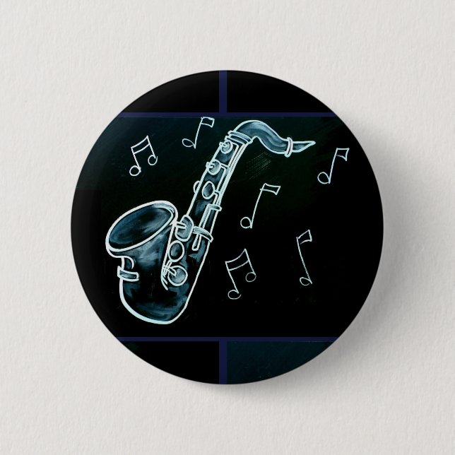 Saxophone And Music Notes 6 Cm Round Badge (Front)