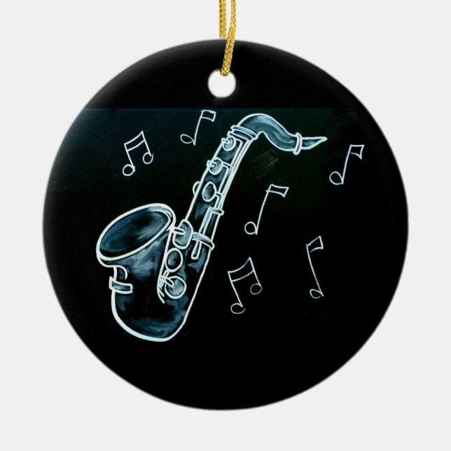 Saxophone And Music Notes Ceramic Tree Decoration (Front)