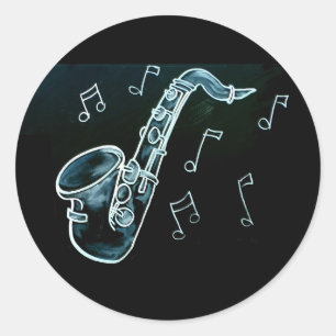 Saxophone And Music Notes Classic Round Sticker