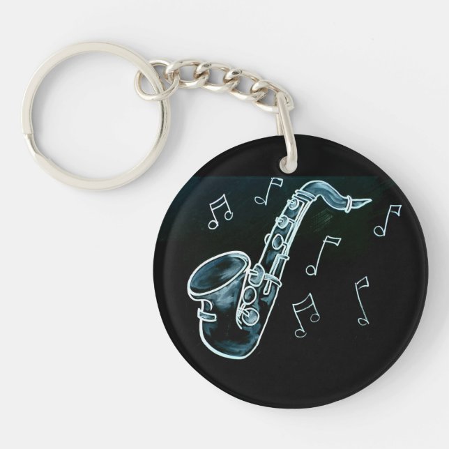 Saxophone And Music Notes Key Ring (Front)