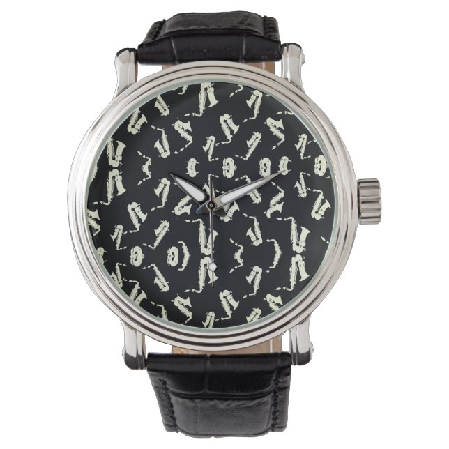 Saxophone Black And White Pattern Watch (Front)