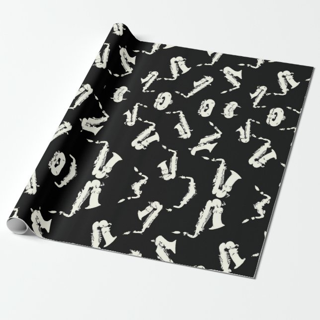 Saxophone Black and White Pattern  Wrapping Paper (Unrolled)