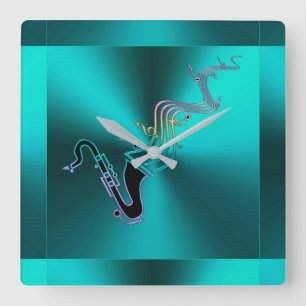 Saxophone  Blowing Notes Modern Metallic Teal Square Wall Clock